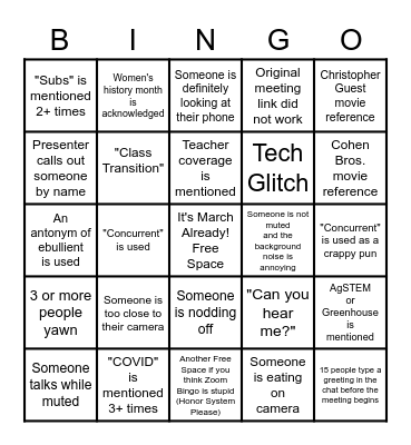 Faculty Meeting Bingo Card