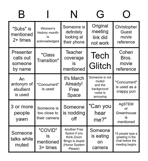 Faculty Meeting Bingo Card