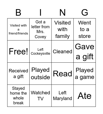 Winter Break Bingo Card