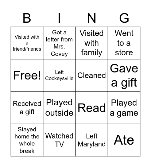 Winter Break Bingo Card