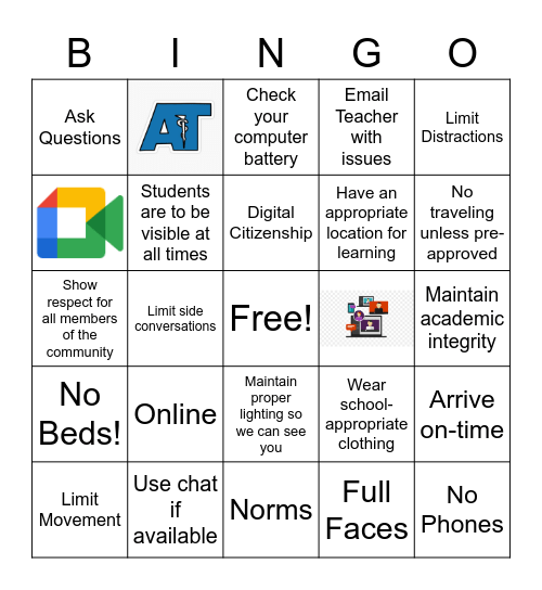 Online Classroom Norms Bingo Card