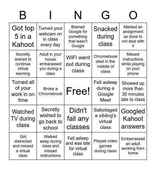 2020 Virtual Learning Bingo Card