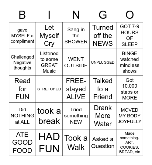 TAKE CARE of YOURSELF Bingo Card