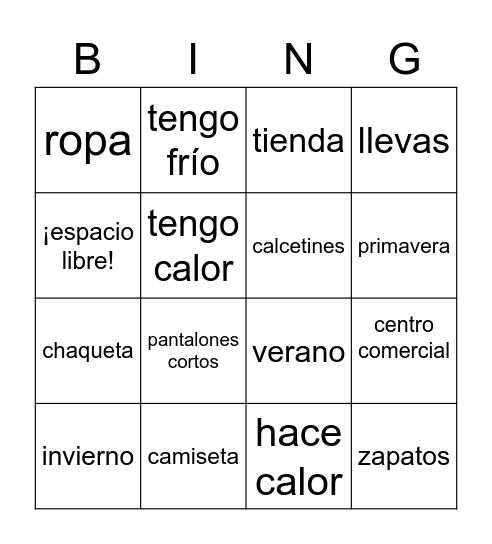4.2 Vocabulario Bingo Card