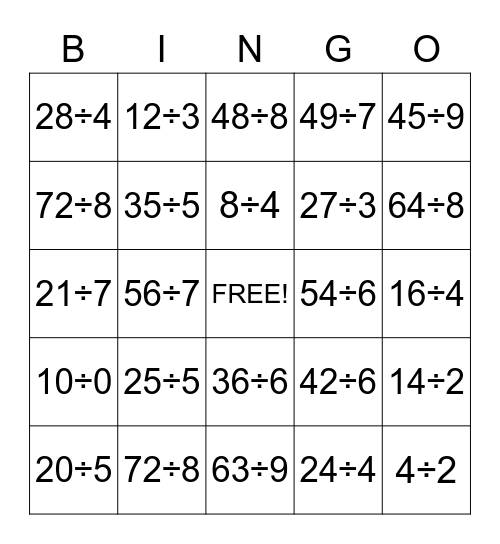 Division Bingo Card