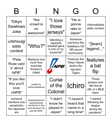 NPB post on r/baseball Bingo Card