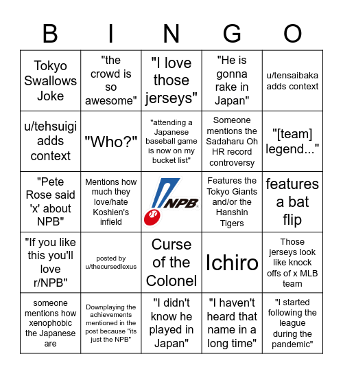 NPB post on r/baseball Bingo Card