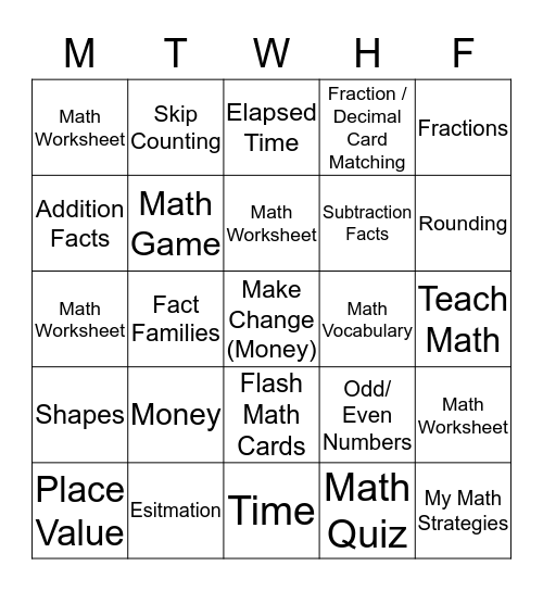 My Math Plans Bingo Card