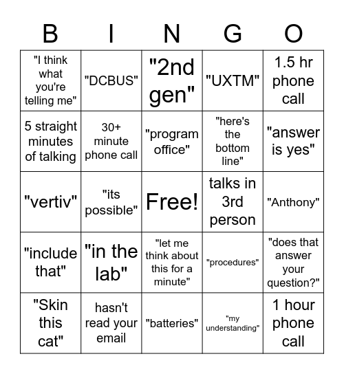 Adam Bingo Card