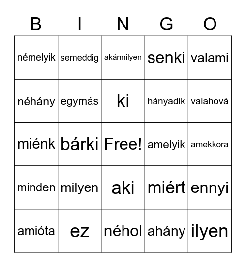 Névmások Bingo Card