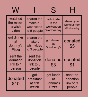 Make-A-Wish Bingo Card Bingo Card