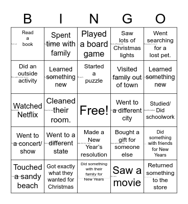 Winter Break Bingo Card