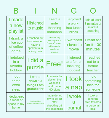 January Self-Care Bingo Card