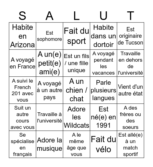 Bienvenue à French 202 ! Trouvez quelqu'un qui... Bingo Card