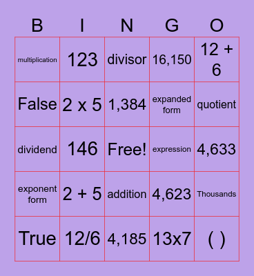 5th Grade review Bingo Card