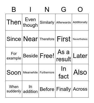 Transition words Bingo Card