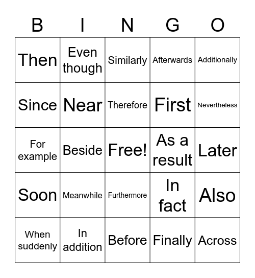Transition words Bingo Card