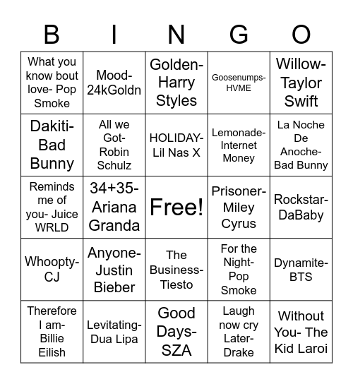 Today's Top Hits Bingo Card