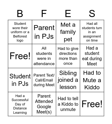 Distance Learning BINGO Card