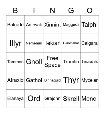 Starfinder Race Bingo Card