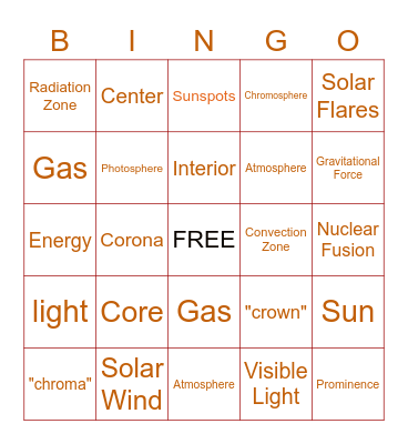 The Sun - Vocabulary Bingo Card