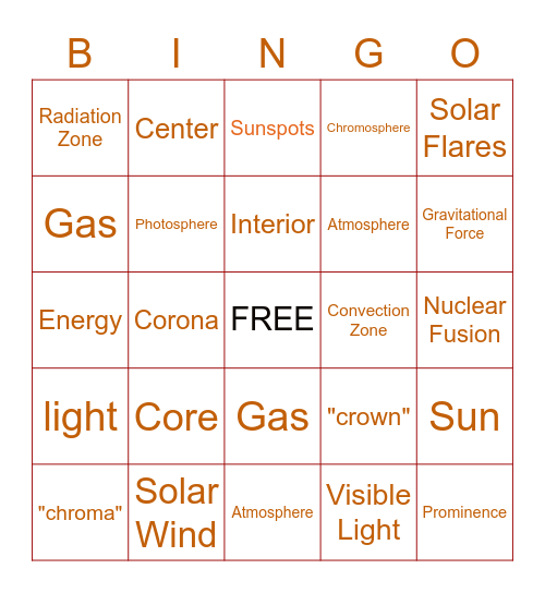 The Sun - Vocabulary Bingo Card