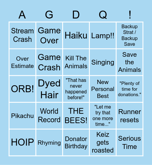 AGDQ 2021 Bingo Card