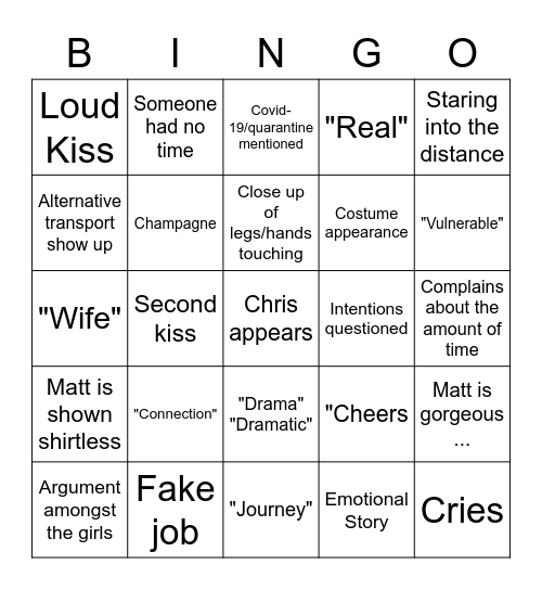 Bachelor First Episode Bingo Card