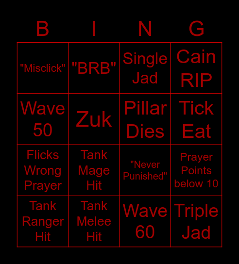 Cain's Inferno Bingo Card