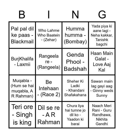 Rachna's Birthday Party Bingo Card