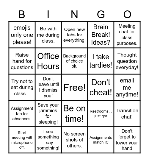 Beveridge Science Online Procedures Bingo Card