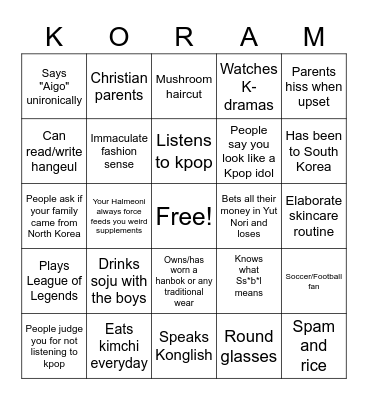 Korean  Bingo Card