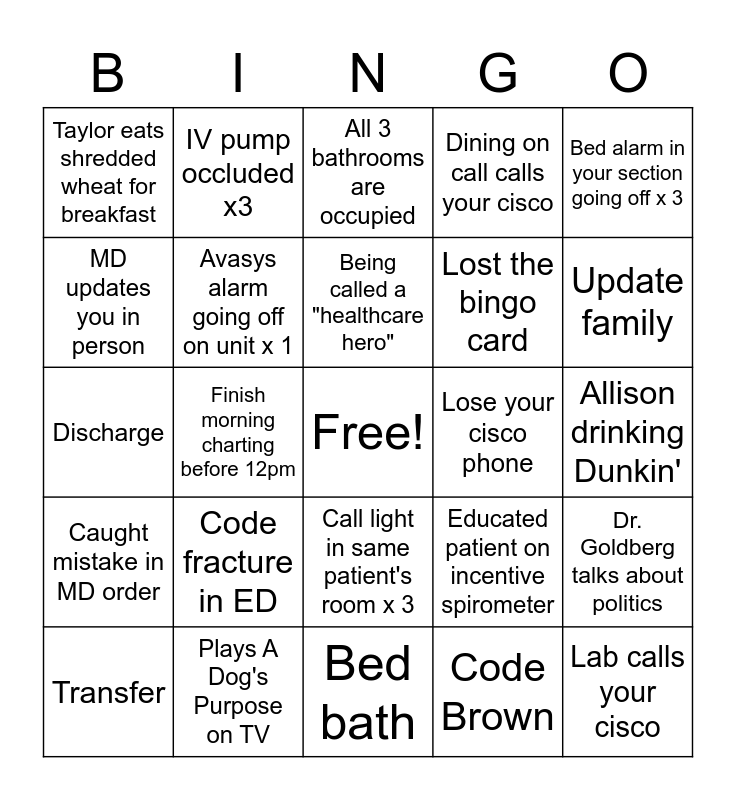 Shift Bingo Card
