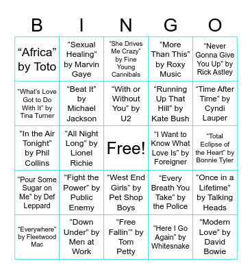 Music Bingo Best of 80's Bingo Card