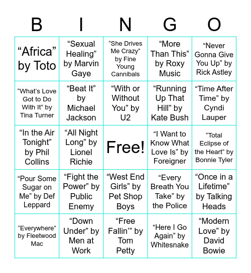 Music Bingo Best of 80's Bingo Card