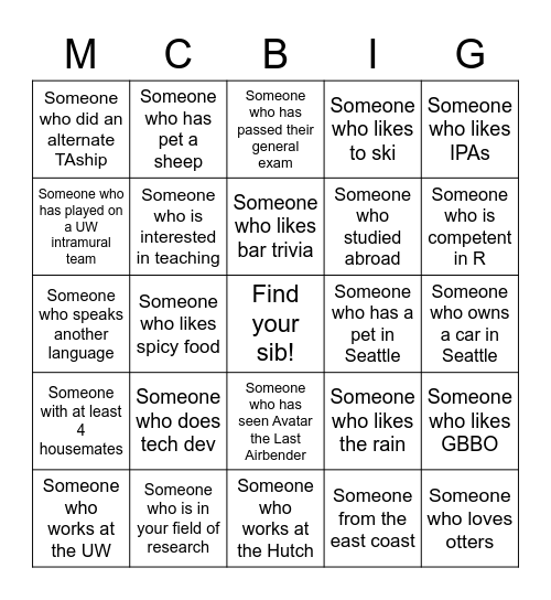MCB Sib Event Bingo Card