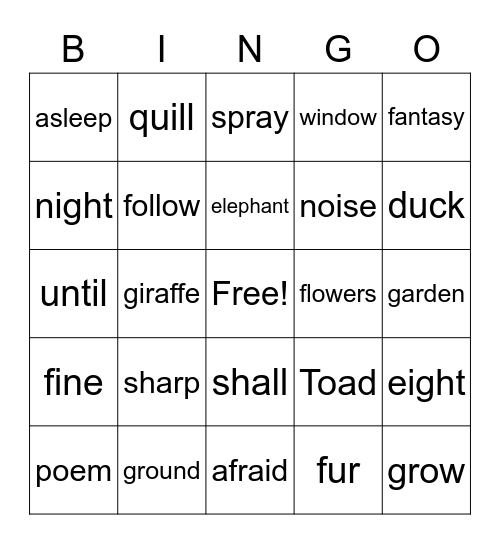 Amazing Animals Vocab. Bingo Card