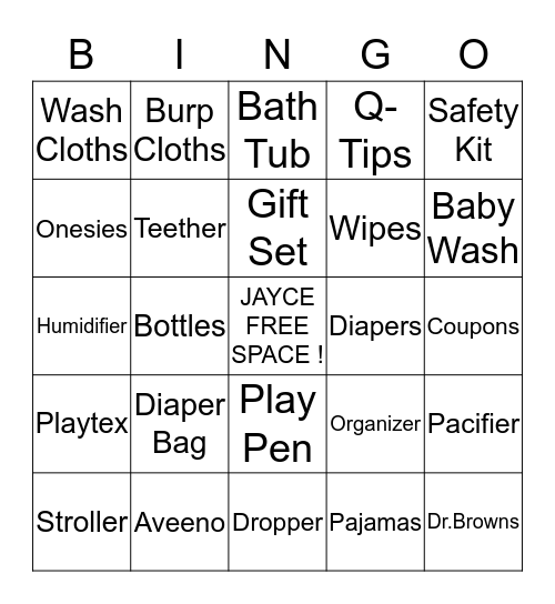 Baby Jayce Bingo Card