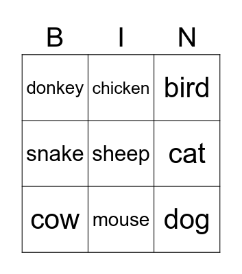 ANIMALS Bingo Card