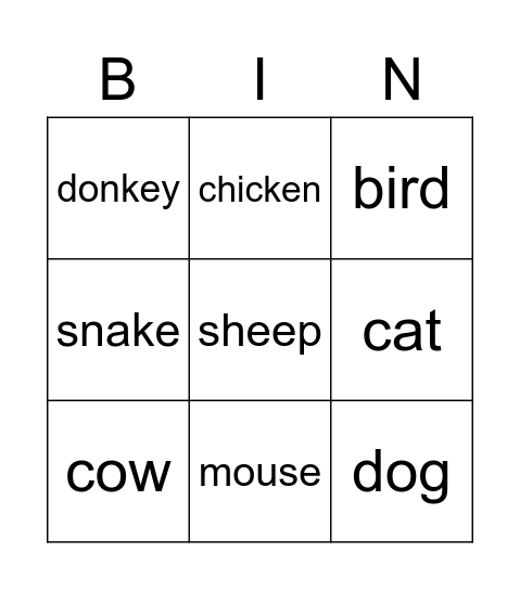 ANIMALS Bingo Card