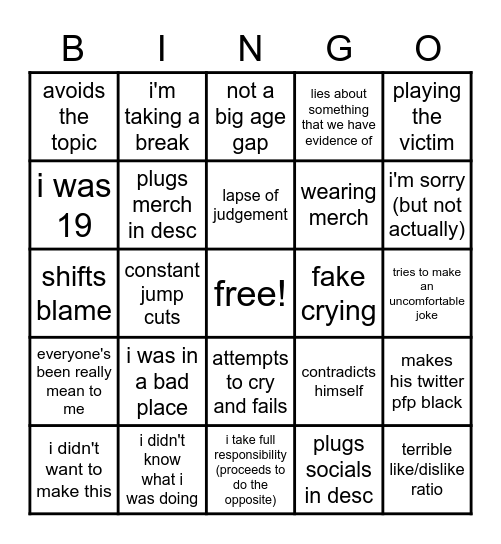 Carson's Apology Bingo Card