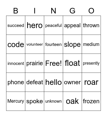 /ee/ & /oa/ sounds Bingo Card