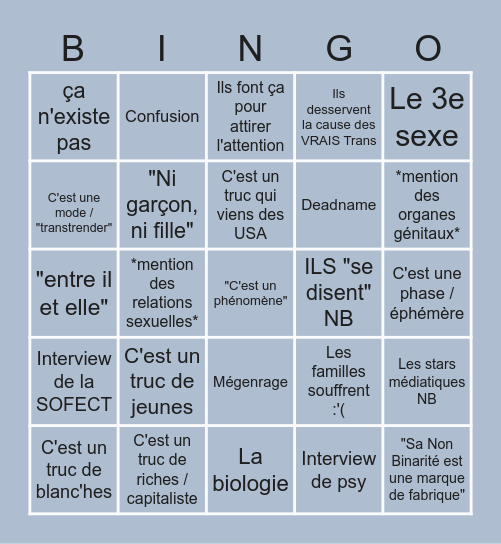 BINGO Cisgaze Enbyphobe Bingo Card