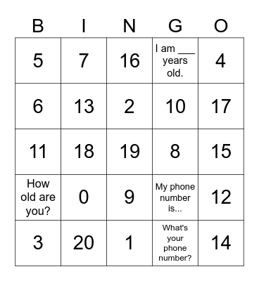 Numbers 0-20 Bingo Card
