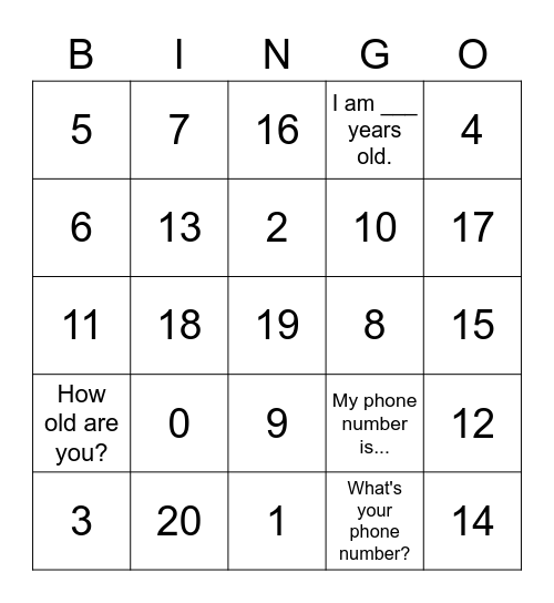 Numbers 0-20 Bingo Card