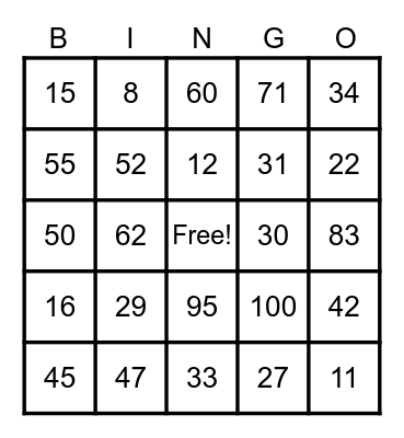 Number Bingo Card