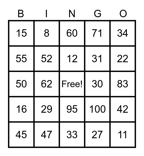Number Bingo Card