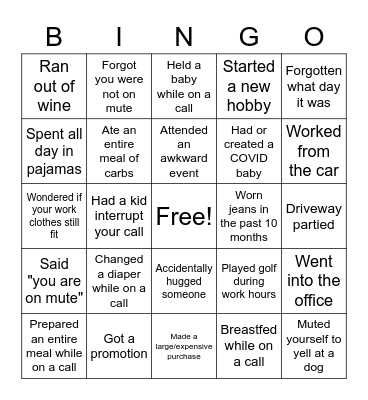 Baby Shower vs Virtual Work Bingo Card