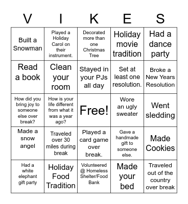 Winter Break Bingo Card