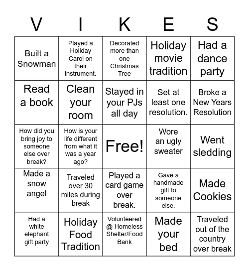 Winter Break Bingo Card